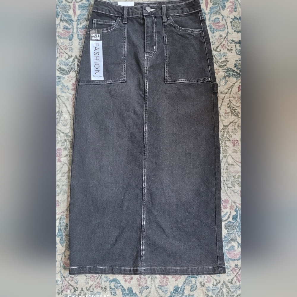 Love, Fire Charcoal Long Black Denim Skirt